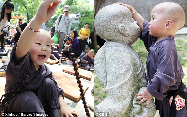 Các cậu bé tham gia cuộc thi phải mặc quần áo và cạo tóc giống như những chú tiểu tu hành trên chùa.