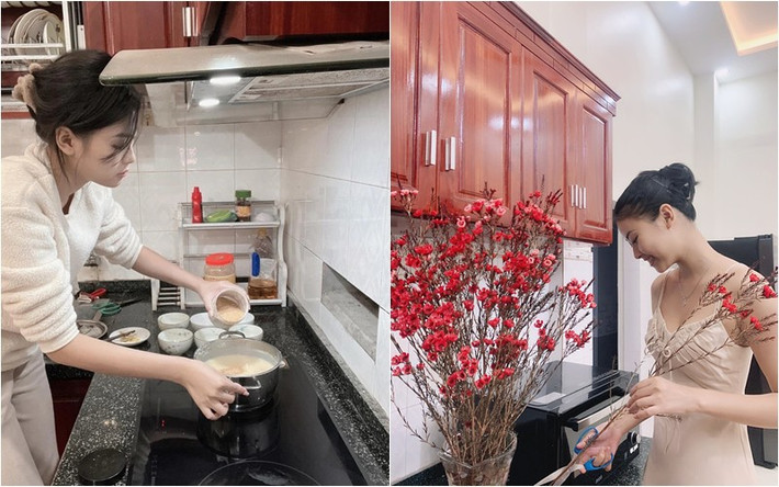 Đào Thị Hà từng chia sẻ ảnh trong căn bếp khi nấu nướng hay cắm hoa. Dịp Tết, người đẹp trang hoàng không gian sống bằng những loài hoa rực rỡ. Ảnh: FBNV