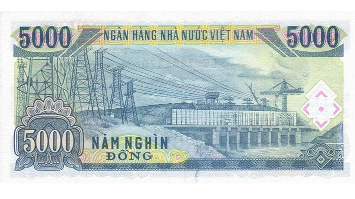Tờ tiền 5.000 đồng in hình nhà máy thủy điện Trị An, được xây dựng trên sông Đồng Nai. Ảnh: Internet