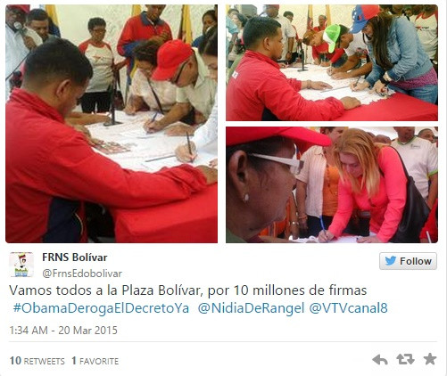 Tổng thống Venezuela Nicolas Maduro mong muốn gửi một thông điệp rõ ràng tới Tổng thống Obama nhằm bãi bỏ các hình phạt nước Mỹ áp đặt lên chính quyền Venezuela hồi tuần trước. Nếu chiến dịch mới đây nhất của Tổng thống Maduro thành công, đó sẽ là tiếng nói của 10 triệu người lên tiếng phản đối hành động của nước Mỹ.