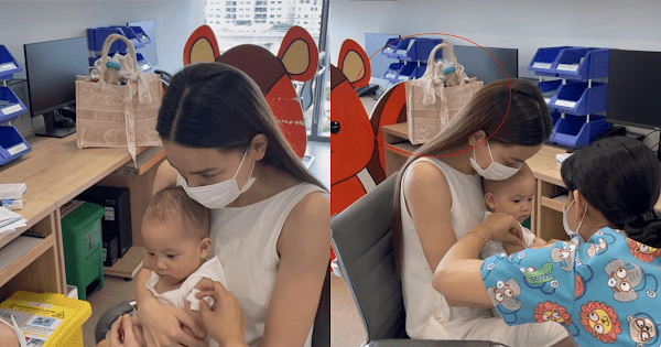 Trong khi đó, Hồ Ngọc Hà biến chiếc túi hiệu Dior giá hơn 70 triệu thành túi đựng bỉm sữa khi đưa cặp song sinh Lisa - Leon đi tiêm phòng. Ảnh: FB Ho Ngoc Ha