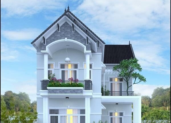 Nhà phố 8×15m mái thái 2 tầng nổi bật với có sân thượng rộng trên có khung mái che. Ảnh: Thietkenhadepmoi