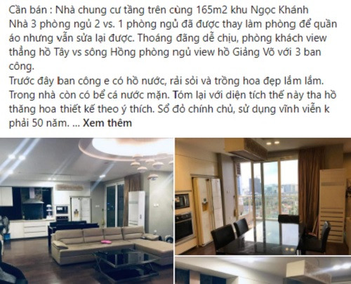 Mới đây, MC Bạch Lan Phương - vợ sắp cưới của diễn viên Huỳnh Anh rao bán căn hộ rộng 165 m2 ở Ngọc Khánh, Ba Đình, Hà Nội do không có nhu cầu sử dụng.