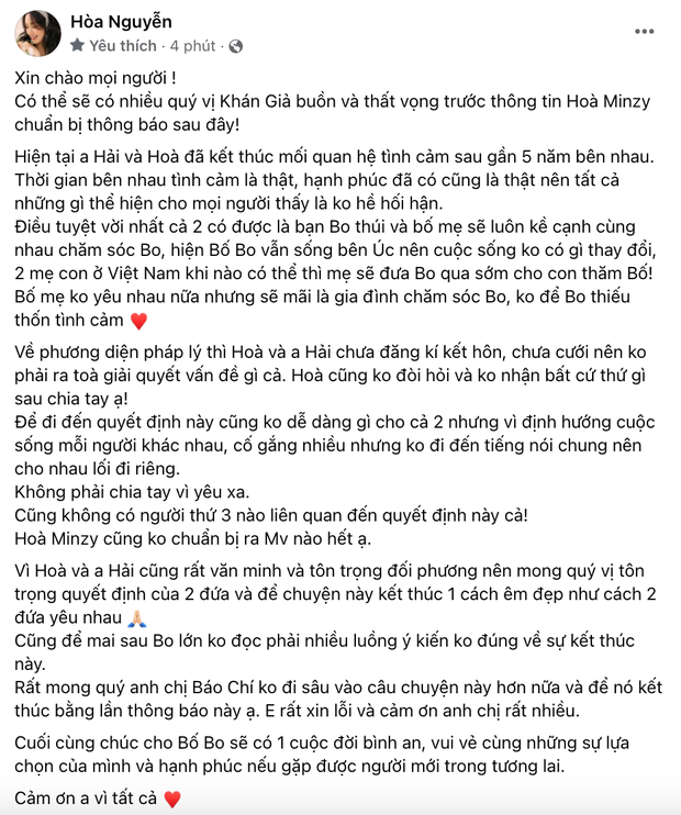 Mới đây, trên trang cá nhân, Hòa Minzy có tâm thư dài xác nhận "đường ai nấy đi" với thiếu gia Minh Hải sau 5 năm yêu nhau. Ảnh: chụp màn hình