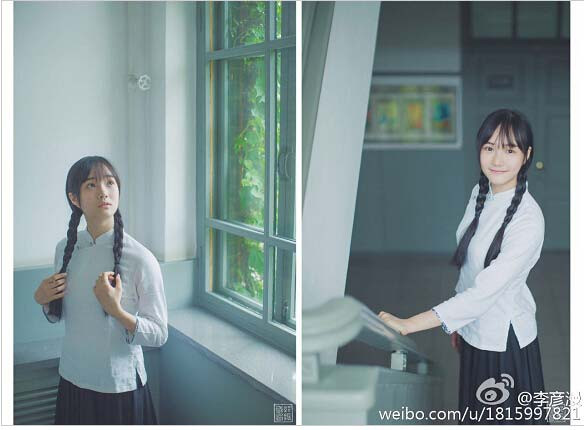 Tân Hoa khôi giảng đường trông hồn nhiên và đáng yêu trong trang phục truyền thống của nữ sinh Trung quốc.