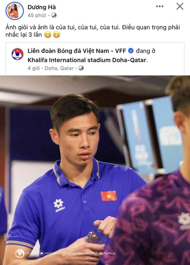 Mới đây, Nguyễn Vũ Hà Dương - bạn gái của đội trưởng U23 Việt Nam là Quan Văn Chuẩn đã khẳng định chủ quyền: "Anh giỏi và anh là của tôi, của tôi, của tôi. Điều quan trọng phải nhắc lại 3 lần".