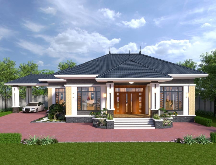 Nhà cấp 4 mái Thái có gara có sự kết hợp tinh tế giữa màu sắc với phong cách thiết kế trẻ trung. Ảnh: Neohouse