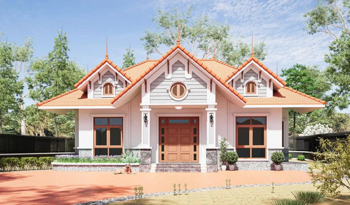 Mẫu nhà cấp 4 mái Thái sân vườn phù hợp với khu vực ở nông thôn, nơi có quỹ đất rộng rãi, chi phí vật liệu, nhân công rẻ hơn so với thành thị. Ảnh: Noithattugia
