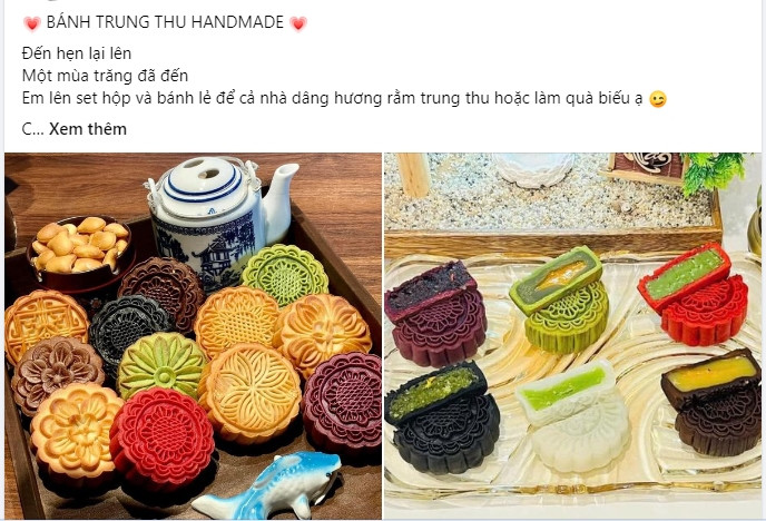 Những ngày này, hàng loạt sản phẩm bánh Trung thu đa dạng về chủng loại và màu sắc được rao bán rầm rộ trên chợ mạng. Năm nay, bánh Trung thu handemade tung ra thị trường với nhiều loại nhân hấp dẫn như lava trà xanh, gà quay bát bửu, sen táo đỏ, dưa lưới... Ảnh chụp màn hình