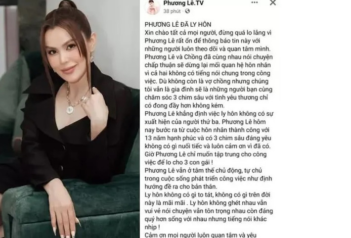 Mới đây, Hoa hậu Phương Lê thông báo việc ly hôn với chồng doanh nhân sau 13 năm bên nhau đã khiến nhiều người bất ngờ. Ảnh chụp màn hình