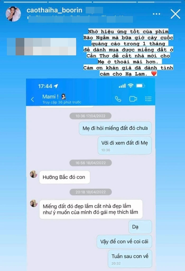 Theo đó, nữ diễn viên viết: “Nhờ hiệu ứng tốt của phim Bão ngầm mà bữa giờ cày cuốc quảng cáo trong một tháng để dành mua được miếng đất ở Cần Thơ để cất nhà mới cho Mẹ ở thoải mái hơn”. Ảnh chụp màn hình