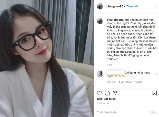 Huyền Trang - bạn gái Trọng Đại là nàng WAGs Việt mới đây đã bóng gió "cực gắt" một ai đó đã ăn bám lại còn lấy tiền của mình đi tán tỉnh những cô gái khác.