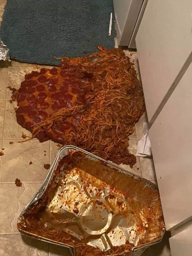 Vì không cẩn thận trong quá trình lấy bánh pizza và spaghetti ra khỏi lò, họ đã tạo ra cảnh tượng kinh hoàng thế này.
