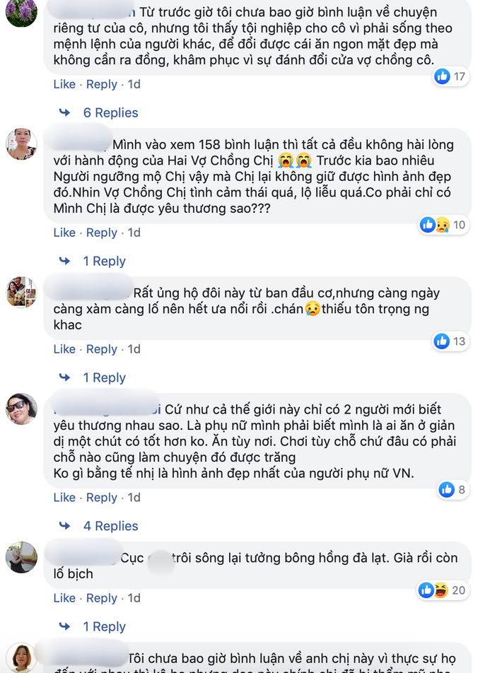 “Nói thật là cũng rất ngưỡng mộ chị nhưng chị cũng làm hơi quá, cho dù có yêu thương nhau đến như thế nào thì nhất định phải như vậy không” một dân mạng để lại bình luận
