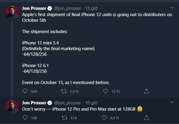 Những hình ảnh mới nhất được cho là thiết kế cuối cùng của iPhone 12 này khá đáng tin cậy. Bởi trước đó, leaker Jon Prosser cũng đã tiết lộ việc Apple sẽ bắt đầu gửi lô iPhone 12 đầu tiên đến các cửa hàng vào ngày 5/10