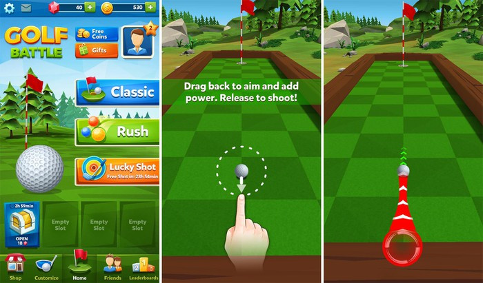Battle Golf sẽ mang tới những trận đấu golf đầy hài hước, với nhiều bản đồ địa hình dí dõm khác nhau từ truyền thống, cho đến cá voi, con bạch tuộc.