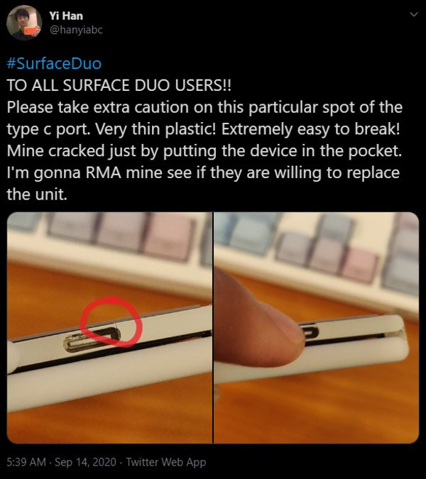 Người dùng trên mạng xã hội cho biết, phần nhựa bao quanh cổng USB-C của Surface Duo bị nứt, vỡ chỉ vì cắm sạc, sử dụng máy khi sạc hoặc đơn giản chỉ để vào túi.