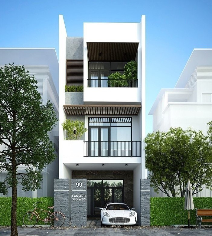 Mẫu nhà ống 3 tầng được yêu thích bởi sự đơn giản và cách phối màu sáng tối tương phản và kiến trúc hình khối khỏe khoắn. Ảnh: Kientrucxaydung