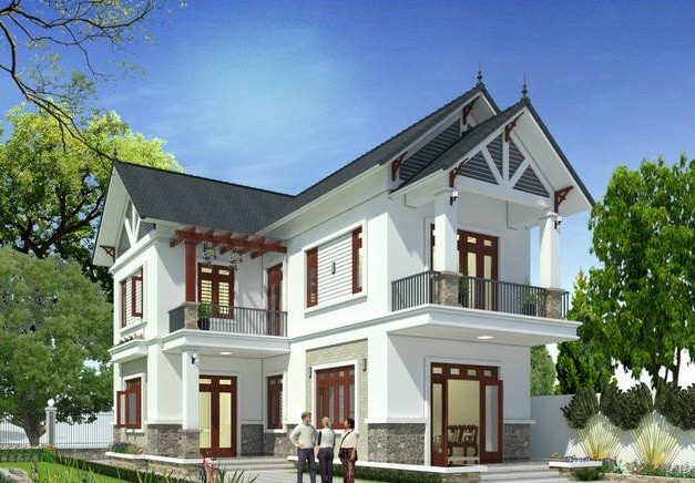 Mẫu nhà 2 tầng mái thái phù hợp với gia đình khoảng 4-5 thành viên. Nhà hình chữ L mái ngói, bên hông có khoảng hành lang 3,7m để ô tô. Ảnh: Thietkenhadepmoi
