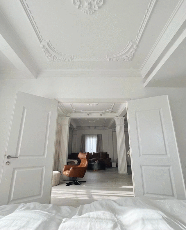trung tâm ngôi nhà là phòng khách với bộ sofa cỡ lớn màu nâu vô cùng nhã nhặn.
