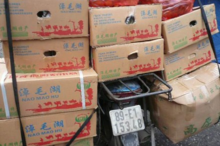 Ngoài mánh ngâm ủ hóa chất, người bán còn dụng đủ chiêu để "hô biến" hồng Trung Quốc thành hồng Việt Nam. Theo Lao Động, các tiểu thương tại chợ đầu mối Long Biên đã bóc hết nhãn mác Trung Quốc ghi trên các thùng để chuyển sang thùng mới. Ảnh: Lao Động.