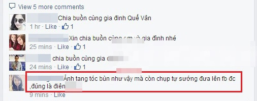 Trên trang cá nhân, Quế Vân cũng bị một số fan, người theo dõi thắc mắc về hành động "tự sướng" trong đám tang u buồn.