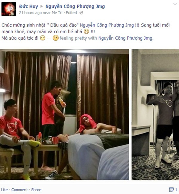Các đồng nghiệp chia sẻ lên Facebook rất nhiều những hình ảnh thể hiện tình bạn, tình đồng đội giữa họ và Công Phượng. Mừng sinh nhật Công Phượng, gợi nhắc những kỷ niệm đáng yêu, các đồng nghiệp đã góp phần giúp một chàng cầu thủ vốn lãnh đạm, lạnh lùng như Công Phượng thấy vui và ấm áp hơn.