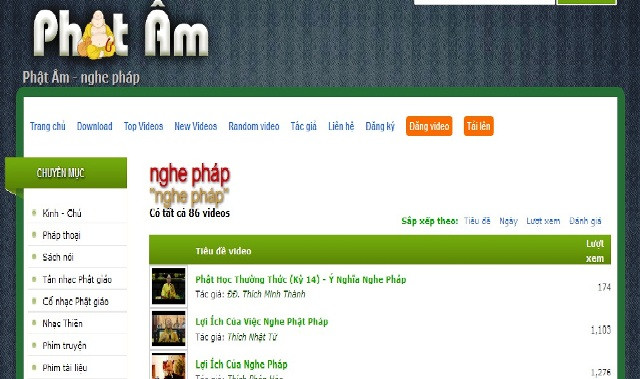 5. Phật âm: Tổng hợp các Kinh - Chú, Pháp thoại, Sách nói, Tân nhạc Phật giáo, Cổ nhạc Phật giáo, Nhạc Thiền, Phim truyện, Phim tài liệu, Phật pháp nhiệm màu, Ánh sáng Phật pháp. Website: http://www.phatam.com/.