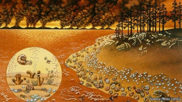 3. Tuyệt chủng Permi - Trias: Đây là sự kiện tuyệt chủng khủng khiếp nhất trong lịch sử khi đã tuyệt diệt phần lớn sinh vật trên Trái đất, thiết lập lại gần như toàn bộ hệ thống sinh giới. Các nhà cổ sinh cho biết đã có đến hơn 90% sinh vật biển và 70% sinh vật trên cạn đã bị xóa sổ hoàn toàn. Các bằng chứng khảo cổ cho thấy, nguyên nhân chính của hiện tượng trên là do sự vận động kiến tạo mạnh mẽ của lớp vỏ Trái đất, gây nứt gãy, dồn nén các mảng lục địa. Sự phun trào magma lên bề mặt Trái đất đã nhấn chìm tất cả trong biển lửa. Bên cạnh đó, bụi và khí carbonic tràn ngập không khí, gây hiệu ứng nhà kính khiến Trái đất càng trở nên nóng hơn bao giờ hết.