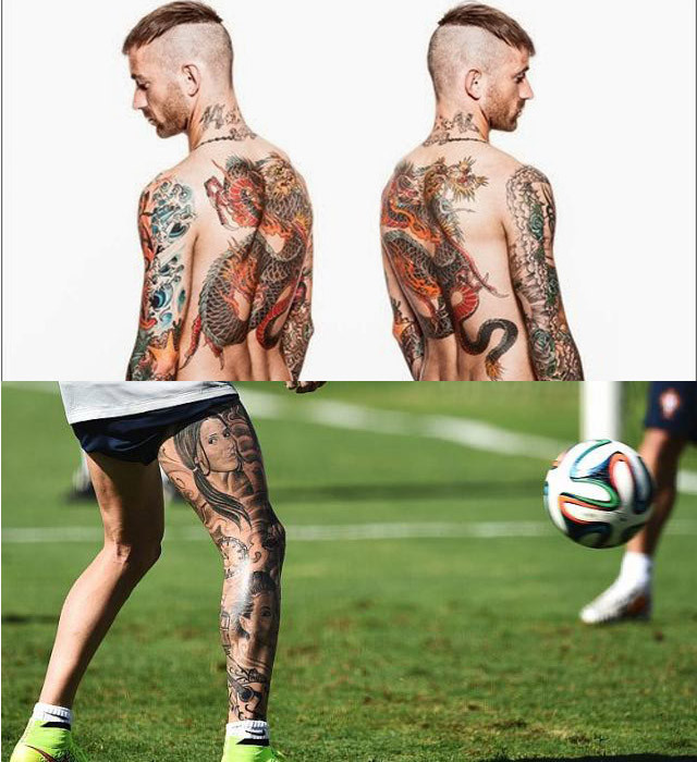 Raul Meireles (Bồ Đào Nha) không chỉ nổi tiếng với kiểu tóc chất chơi, mà còn là cầu thủ có nhiều hình xăm nhất. Anh xăm chi chít trên khắp cánh tay, ngực, sau gáy và một con rồng nhiều màu đằng sau lưng. Bộ sưu tập của anh nằm toàn bộ ở chân phải, tính từ mắt cá lên đến đùi, được hoàn thành vào tháng 1 năm nay. Hình xăm bao gồm khuôn mặt ba người phụ nữ, một chiếc đồng hồ bỏ túi, xe điện nổi tiếng ở thủ đô Lisbon và tòa tháp ở Porto quê nhà của anh.