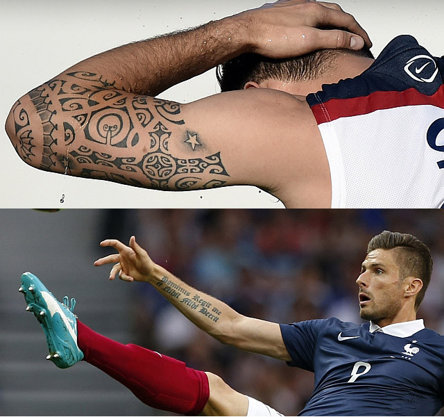 Oliver Giroud của tuyển Pháp có một hình xăm biểu tượng các bộ lạc trên bắp chân phải, nhưng hình xăm ở cánh tay phải và bắp tay trái mang nhiều ý nghĩa hơn. Oliver Giroud xăm câu Thánh vịnh 23 bằng tiếng Latin trên cánh tay phải. Những hình xăm trên bắp tay trái tượng trưng cho sự tự tin, tình yêu, gia đình, bạn bè và sức khỏe.