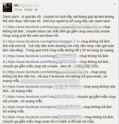 Cũng trong tuần qua, thành viên nhiều diễn đàn, fanpage về nhiếp ảnh, giao lưu giữa người mẫu và nhiếp ảnh gia "giật mình" với bài đăng của một cô người mẫu ảnh trẻ, "vạch mặt" hàng loạt người được gọi là "nhiếp ảnh gia đồi bại" với cách làm việc rất khó chấp nhận.