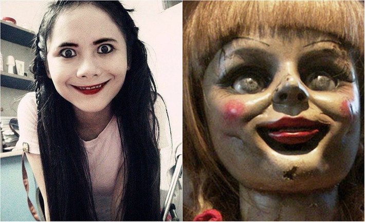 Đây là bức ảnh được chia sẻ trên các trang mạng Việt nổi tiếng trong dịp gần Halloween với lời thách thức "Đố bạn nhìn quá 1 phút mà không sợ". Khuôn mặt của cô gái được so sánh với Annabelle - ma búp bê trong một bộ phim kinh dị gây sốt gần đây.