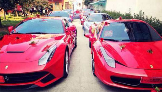 Một cặp Ferrari màu đỏ cũng góp mặt là F12 Berlinetta và 458 Italia. F12 Berlinetta được trang bị động cơ 6.3L V12, công suất 730 mã lực và mô-men xoắn 690 Nm, trong khi đó Ferrari 458 Italia sử dụng động cơ 4.5L V8 công suất 562 mã lực tại 9.000 vòng/phút và mô-men xoắn 540 Nm tại 6.000 vòng/phút. Bên cạnh đó, còn có một chiếc Aston Martin xuất hiện trong đoàn xe đám cưới tại Thượng Hải.