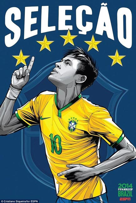 Niềm hi vọng lớn nhất của đội chủ nhà Brazil trong mùa World Cup năm nay không ai khác là thần đồng Neymar Jr. Tấm poster của tuyển Brazil rực rỡ với 5 ngôi sao tượng trưng cho 5 chức vô địch thế giới của đội bóng có biệt danh "Selecao".