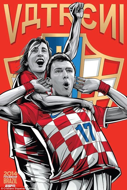 Hình ảnh hai ngôi sao Luka Modric (Real Madrid) và Marion Mandzukic (Bayern Munich) ăn mừng bàn thắng trên poster của tuyển Croatia.