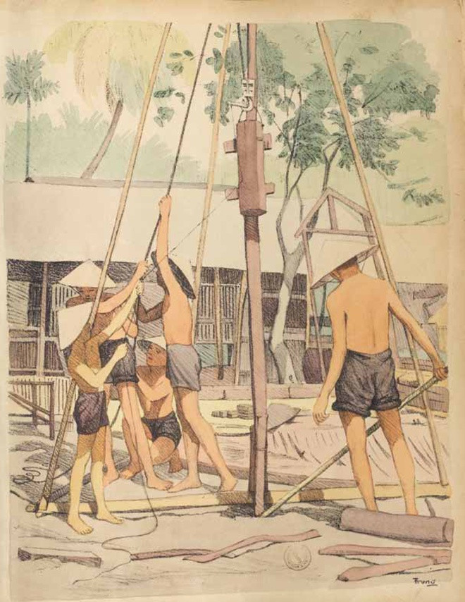 br/> Những người thợ đang nhồi cọc xây nhà.