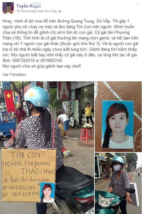 Một bạn trẻ tên Tuyền R. đã chụp lại bức ảnh trên đường Quang Trung, quận Gò Vấp, TP HCM về một người phụ nữ đi xe máy, đeo biển tìm con đi lang thang. Cô con gái đang được đi tìm là Hoàng Thị Phương Thảo, 19 tuổi. Cộng đồng đang chia sẻ bức ảnh và thông tin để sớm tìm được Phương Thảo.