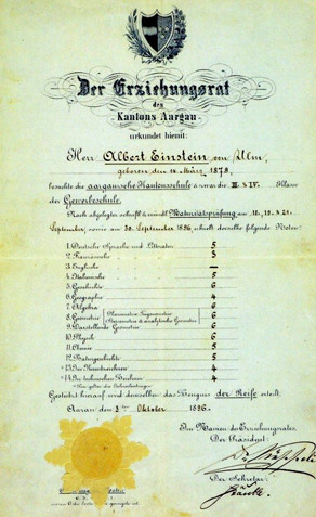 Bằng tốt nghiệp kèm bảng điểm nhà bác học Albert Einstein nhận được ở tuổi 17, đây là bằng cấp cuối cùng của ông.