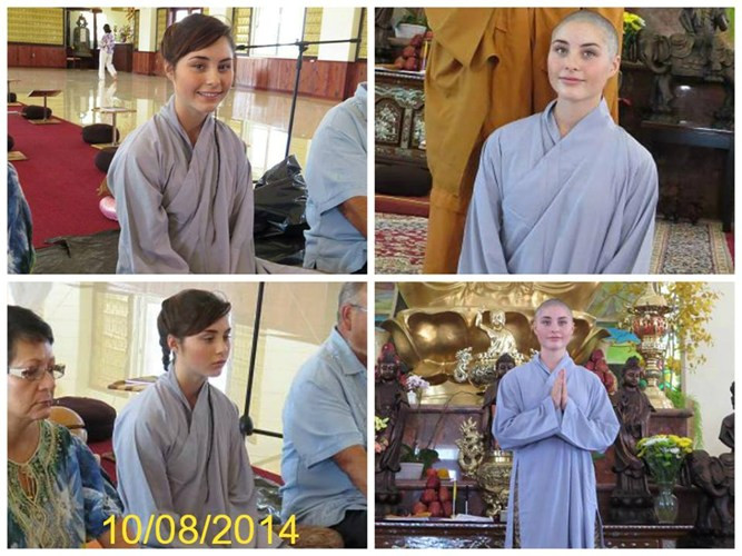 Sư cô người Mỹ xinh đẹp Kayala Jaramillo 17 tuổi với pháp danh Thích Nữ Giác Chân được nhiều bạn trẻ, cư dân mạng Việt đặc biệt chú ý trong tuần qua. Được biết, Kayala Jaramillo và gia đình, bố mẹ quy y cửa Phật và được làm lễ tại Thiền viện Chân Nguyên hôm 10/8. Ảnh: Phatgiao.org.