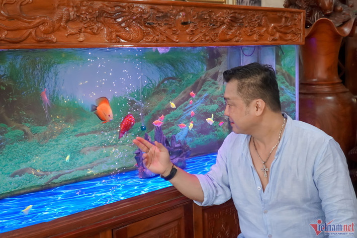 Sau khi chăm vườn, Lý Hùng vào nhà cho cá ăn. Bể cá khá lớn, làm bằng gỗ, thả nhiều giống cá khác nhau do anh mua hoặc được tặng.