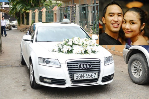 Chiếc xe Audi A6 màu trắng, biển số siêu đẹp được sử dụng làm xe rước dâu trong đám cưới của Hà Tăng và Louis Nguyễn. Chiếc xe này được định giá khoảng 2,2 tỉ đồng.