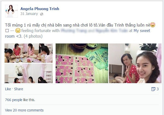 Từ đầu năm 2014, Angela Phương Trinh liên tục để lộ ra những bức ảnh gây "phốt", thu hút sự chú ý của cộng đồng mạng. Những ngày đầu năm mới, Phương Trinh đăng ảnh chơi lô tô tại nhà và gây choáng ngợp cho dân mạng bởi số tiền ăn chơi quá khủng.