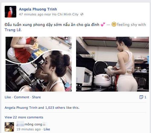 Cô nàng lắm chiêu còn từng bị dân mạng ném đá không ngớt khi "khoe vòng 3 trá hình" trong bức ảnh đứng nấu ăn. Không biết có phải những hình ảnh phản cảm trên sân khấu, những cú "phốt" nực cười của Angela Phương Trinh đã gây một ấn tượng xấu về cô nàng hay không mà mỗi khi đăng ảnh lên mạng, Phương Trinh luôn nhận hàng tá "gạch đá", chê bai của dân mạng.
