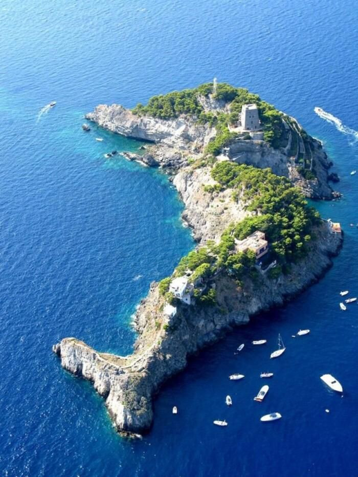 10. Đảo Sirenuse hình cá heo - Italy. Sirenuse là một hòn đảo hình cá heo nằm ngoài khơi Amalfi, miền nam Italy. Không chỉ nổi tiếng với các khu nghỉ mát và khách sạn, đảo còn là điểm lặn lý tưởng dành cho du khách. Nơi đây là địa điểm du lịch nổi tiếng, nhất là đối với nhiều du khách thích lặn biển.