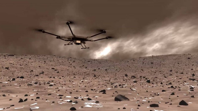 Mars Chopper có tên Nighthawk được nghiên cứu chế tạo giúp tìm kiếm sự sống trên "Hành tinh đỏ". Ảnh: NASA/JPL-Caltech/Theodore Tzanetos hình minh họa về một máy bay không người lái lớn, sáu cánh quạt bay trên một cảnh quan đất đỏ, nhiều đá