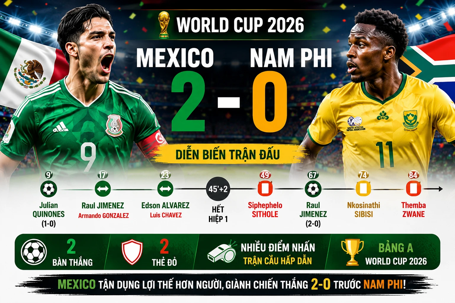 [INFOGRAPHIC] Mexico khởi đầu thuận lợi, đánh bại Nam Phi 2-0