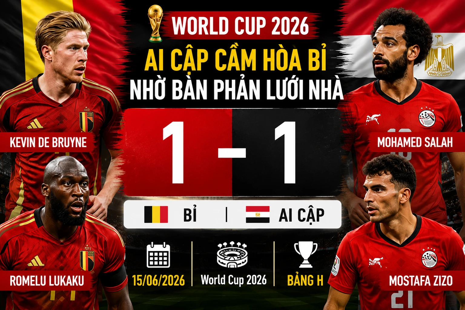 [INFOGRAPHIC] Ai Cập cầm hòa Bỉ nhờ bàn phản lưới nhà tại World Cup 2026