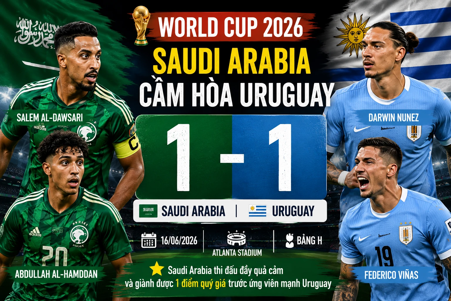 [INFOGRAPHIC] Saudi Arabia gây bất ngờ khi cầm hòa Uruguay tại World Cup 2026