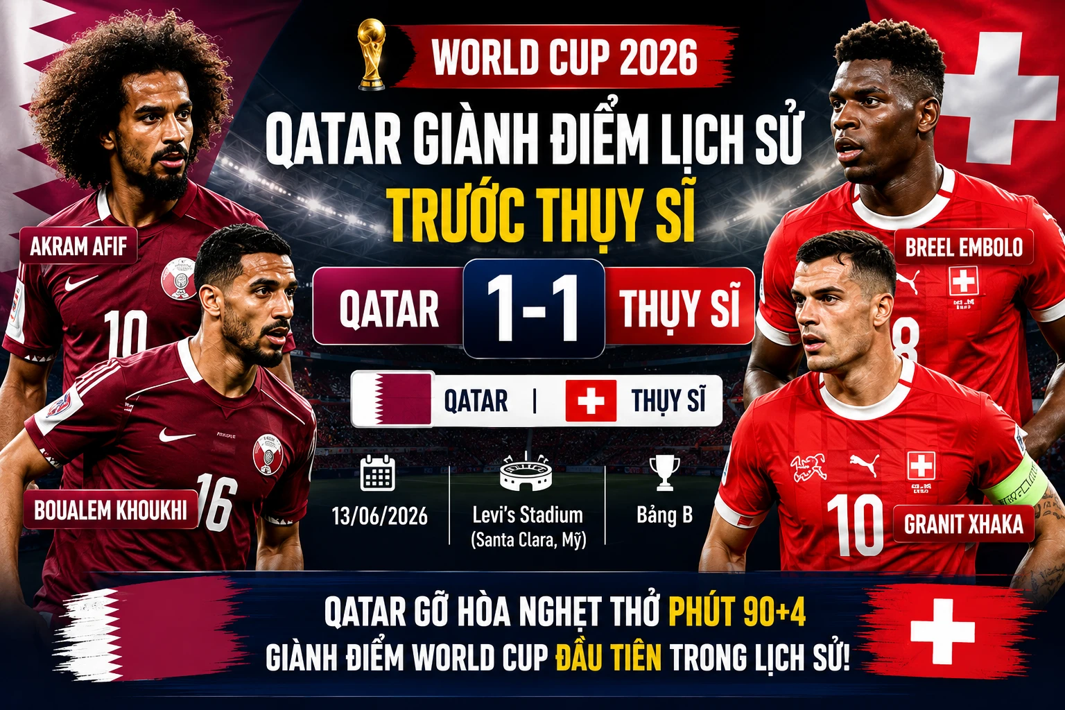 [INFOGRAPHIC] Qatar giành điểm lịch sử trước Thụy Sĩ tại World Cup 2026